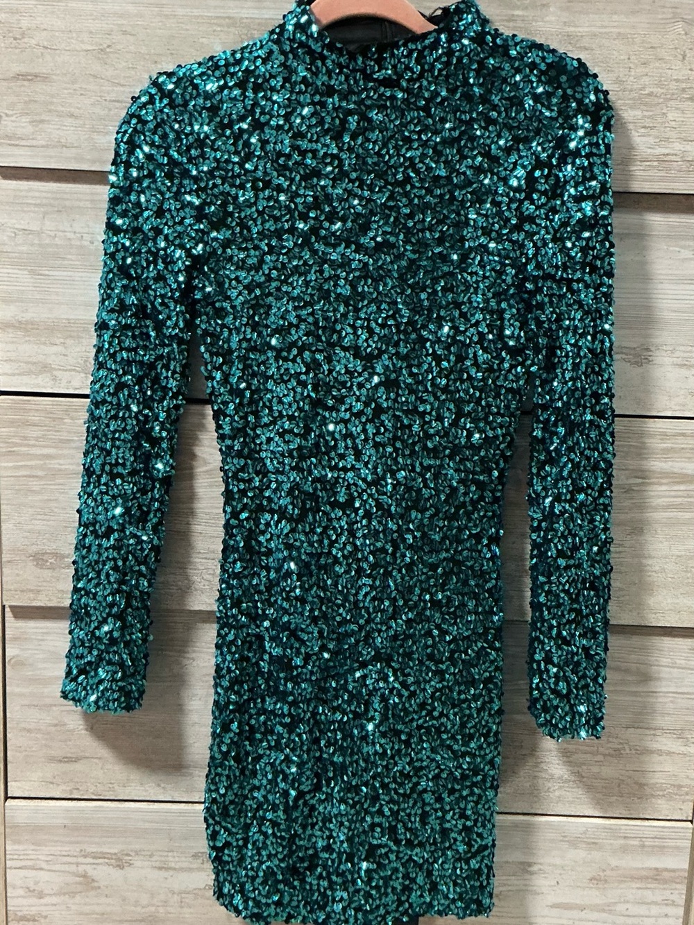 Long-Sleeve Teal Textured Sequin Bodycon Dress